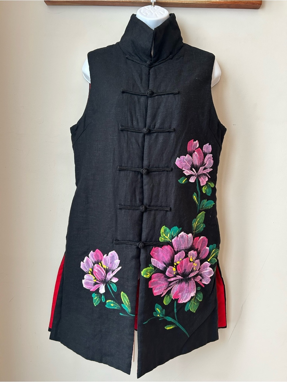 Artisan Floral Frog Closure Vest Asian Boho Lagenlook Statement Piece Size M